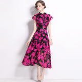 Diynav Knee Dress Women's Summer 2024 Temperament Lotus Leaf Sleeve Fashion Waist Thin Print V-Neck Dress