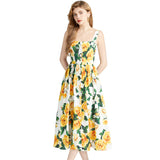 Diynav Dress 2024 Summer Vacation House Cotton Yellow Rose Print Big Swing Princess Fairy Mid-Long Dress