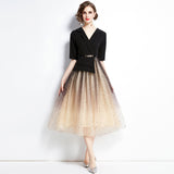 Diynav Dress Famous Temperament Thin Fake Two Suit Mesh Splicing Long Skirt