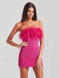 Diynav Women's Dress Sexy Bareback Ostrich Hairy Twisted Dress High-End Temperament Fashion Sleek Ass Skirt