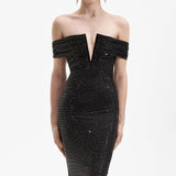 Diynav Fashion Dress Elegant V-Neck Sexy Hot Diamond Into Shoulder Sleeve Banquet Dress Bodyd Women