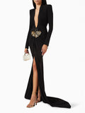 Diynav Black Long-Sleeved Hollow V-Neck Cross Dress Metal Fishtail Elegant Dress