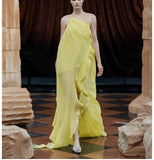 Diynav Fashion Show-Back Vintage Linen-Backed Lint-Slanted Shoulder-Hanging Neck Dress Dress Female Designer