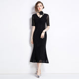 Diynav Industry Hot Diamond Mesh Yarn Designer Temperament Three-Dimensional Flowers V Receive Waist Thin Short Sleeve Dress