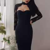 Diynav Hanging Neck Lace Dress Wish Burst Banquet Bandage Dress Autumn And Winter Long Sleeves
