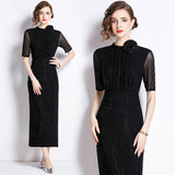 Diynav Industry Hot Diamond Net Yarn Designer Temperament Three-Dimensional Flower Standing Waist Thin Elegant Dress Dress