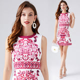 Diynav Summer New Women's High-End Court Retro-Print Round-Neck Sleeveless Vest Short Dress