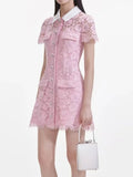 Diynav Pink Design Collar Lace Hollow Single Buckle Short Dress Spring And Summer New