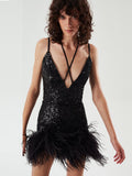Diynav Women's Sexy V-Necked Dress High-End Temperament Cane Stitched Feathered Ass Skirt Dress Dress