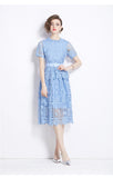 Diynav Court Style Temperament Short-Sleeved Round-Neck Waist Thin A-Word Hook Lace Dress Elegant Dress