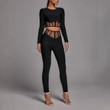 Diynav Long-Sleeved Round-Neck Two-Piece Set Mesh Yarn Hollow High-Waisted Trousers Burst Banding Dress Factory