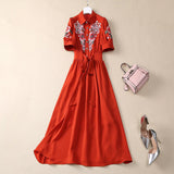 Diynav Industry Embroidered Flower Lily Collar Short Sleeve Tie Tight Waist High Dress Station Spring And Summer Woman 2025