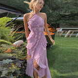 Diynav For High-End Chiffon Dress Women Lotus Edge Folding Design Thin Long Dress Fast Fashion