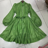 Diynav Early Autumn Silk Taut Feeling High Collar Design Heavy Industry Nail Drill Long Sleeve Buckle Lantern Sleeve Dress Shows Temperament