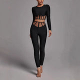 Diynav Long-Sleeved Round-Neck Two-Piece Set Mesh Yarn Hollow High-Waisted Trousers Burst Banding Dress Factory