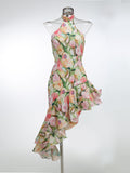 Diynav Sexy Shoulder Hanging Neck Print Dress In The Long Dress Irregular Lotus Leaf Side Temperament Dress Dress