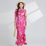 Diynav Light Luxury Heavy Industry Embroidery Three-Dimensional Flowers Waist Long Sleeve Dress
