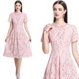 Diynav Summer New Pink Diamond Pearl Collar Short-Sleeved Lace Dress Femininity Long Dress