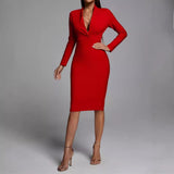 Diynav Deep V-Neck Fashion Trendy Long Sleeve Banded Dress With High-End Banquet Evening Dress