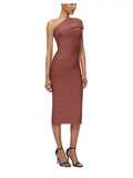 Diynav Women's Fashion Pure-Color Single-Shoulder-To-Back Open Fork With A Tight Belt-Coated And A-Fated-Waded Dress Party Evening Dress