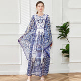 Diynav Court Style Collar Horn Long Sleeves Loose Blue And White Porcelain Print A-Word Skirt