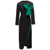 Diynav Collar Bud Bow Long Sleeve Sexy Open Fork Bag Cleni Pencil Mid-Long Dress Women's New Autumn And Winter 2024
