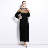 Diynav Senior Sense Of The Famous Fan Heavy Industry Nail Bead Dress Temperament Sister Fan Lantern Sleeves Loose Skirt