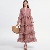 Diynav Retro Court Hollow Lace Splicing Horn Sleeve Dress Female Waist Temperament Over Knee Cake Long Skirt