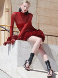 Diynav Sexy Mesh Perspective High-Necked Long-Sleeved Dress Dress Body High-End Temperament Floral Dress Dress Dress Woman