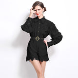 Diynav Famous Yangyang Age-Reduce Women Senior Feel Waist Lace With Lantern Lace Spliced Shirt + High-Waisted Shorts
