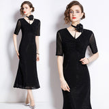 Diynav Industry Hot Diamond Mesh Yarn Designer Temperament Three-Dimensional Flowers V Receive Waist Thin Short Sleeve Dress