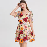 Diynav Summer New French Design Heavy Industry Three-Dimensional Flowers Slimming Thin And Hip Delicate Dress Women's Clothing