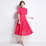 Diynav High-End Lace Splicing Round Collar Dress Women's New Summer Waist Thin Temperament Big Swing Dress Dress