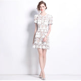 Diynav Niche Temperament Light Blue Collar Lace Dress Water Drill Single Buckle Waist Skirt Woman