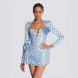 Diynav Dress Wave Point Printing Deep V-Neck Heavy Industry Flower Folds To The Waist Dress Short New Model