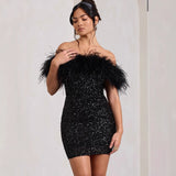 Diynav New Women's Breast-Buffed But Hip Dress Famous Feather Lytherin Party Dress