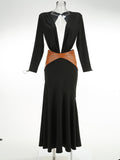 Diynav Women's New Sexy Deep V Bareback Splicing Bag Long-Sleeved Dress High-End Temperament Dress