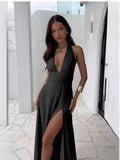 Diynav 2024 Women's New Fashion High-End Temperament Hanging Neck Sexy Open-Puck With Solid Color Dress Women