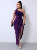 Diynav Selling New Women's Clothing 2025 Spring Fashion Squin Single-Sleeve-Less Open-Fork Dress Solid Color