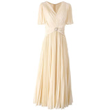 Diynav V-Neck Waist-Lined Bead Buckle With Chiffon Big Swing 100-Fold Long Dress Spring And Summer Women's Dress 2025