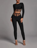 Diynav Long-Sleeved Round-Neck Two-Piece Set Mesh Yarn Hollow High-Waisted Trousers Burst Banding Dress Factory