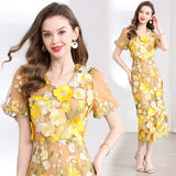 Diynav Banquet Famous Wind V-Neck Bubble Sleeves Body-Brace Hip Three-Dimensional Flower Lace Dress