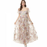 Diynav Square Collar Bubble Sleeves To Collect Waist Long Print Lotus Leaf Side Blue Dress Summer Women's New 2024
