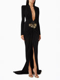 Diynav Black Long-Sleeved Hollow V-Neck Cross Dress Metal Fishtail Elegant Dress