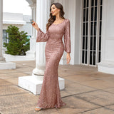 Diynav New Fashion V-Necked Hips Brighten Dress Mid-Waisted Horn Sleeve Long Evening Dress