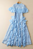 Diynav Collar Short-Sleeved Heavyweight Hook Flower Stacked Lotus Leaf Lace Blue Dress Women's New Spring And Summer 2025