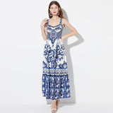 Diynav Blue And White Porcelain Beauty Sling Dress 2025 Summer Dress New Waist Pressure Folding Commuting Print Dress
