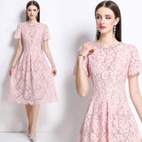 Diynav Summer New Pink Diamond Pearl Collar Short-Sleeved Lace Dress Femininity Long Dress