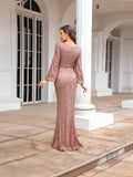 Diynav New Fashion V-Necked Hips Brighten Dress Mid-Waisted Horn Sleeve Long Evening Dress