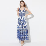 Diynav French Retro Sling Dress Long Dress Temperament High Waistless Sleeveless Porcelain Print A Large Swing Dress